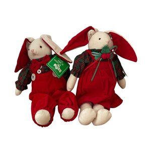 Vtg Russ Christmas Bunny Set Boy Girl Red Plaid Stuffed Plush Holiday Decor 13in